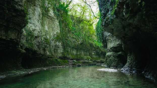 mountain river among high stone cliffs with green plants in the Martvili Canyon in Georgia in autumn
