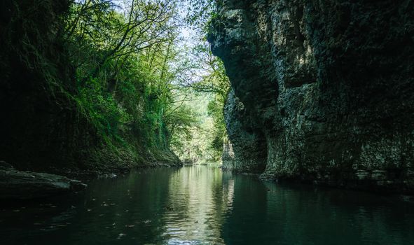 mountain river among stone rocks with green plants in the Martvili Canyon in Georgia in autumn