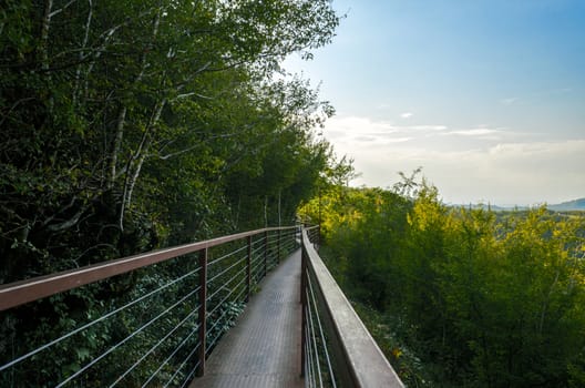 long metal bridge in canyon in Georgia in autumn without people