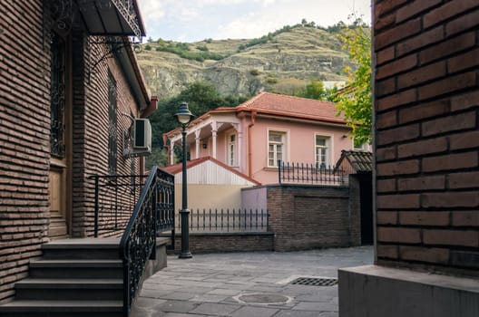 urban brick houses and  mountain view with a tree in Batumi Georgia in autumn afternoon