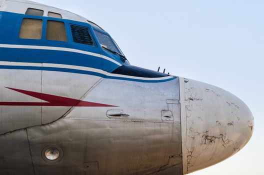cockpit of an old large vintage civilian plane isolated closeup