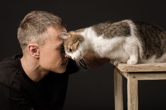 Bromance, friendship, man and cat, touched their foreheads