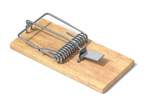 Wooden mousetrap 3D rendering illustration isolated on white background