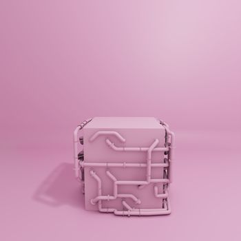 Pink Pastel Product Box Stand With Pipes. 3D Rendering. Beauty Industrial Concept