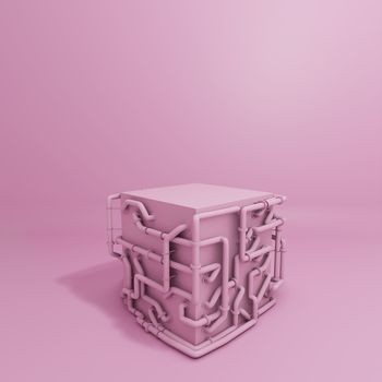 Pink Pastel Product Box Stand With Pipes. 3D Rendering. Beauty Industrial Concept