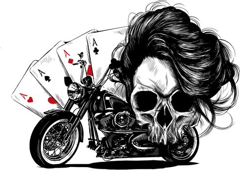  illustration Motorcycle woman skull with playing cards
