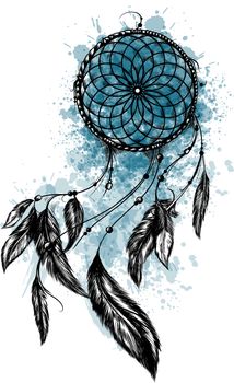 Fashion illustration with dream catcher and flowers.