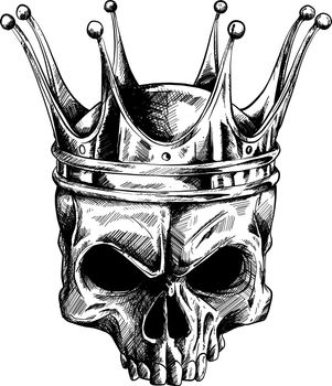 Illustration skull in crown with beard isolated on white background