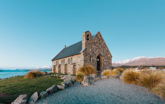 Historic Church Of the Good Shepherd on Lake Tekapo in New Zealand in late afternoon, just prior to sunset