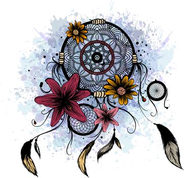 Fashion illustration with dream catcher and flowers.