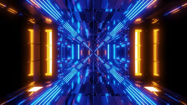 futuristic scifi space hangar tunnel corridor with endless glowing lights 3d illustration visual background wallpaper, endless lights 3d rendering art