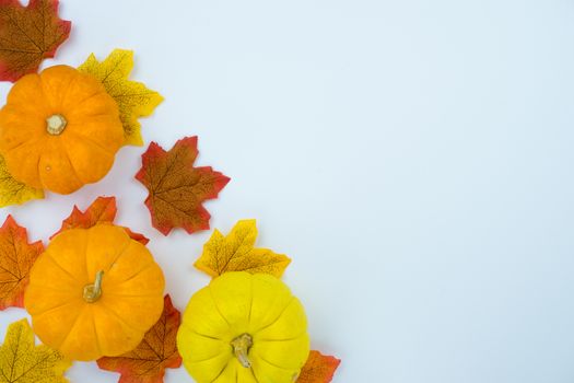 Frame of autumn leaves. Dried leaves, pumpkins, flowers on white background. Autumn, fall, Halloween, Thanksgiving day concept. Flat lay, top view, copy space.