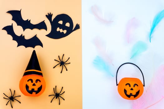 Top view of Halloween decoration, jack o lantern, ghost, bat and spider on yellow and white background with copy space for text. halloween concept.