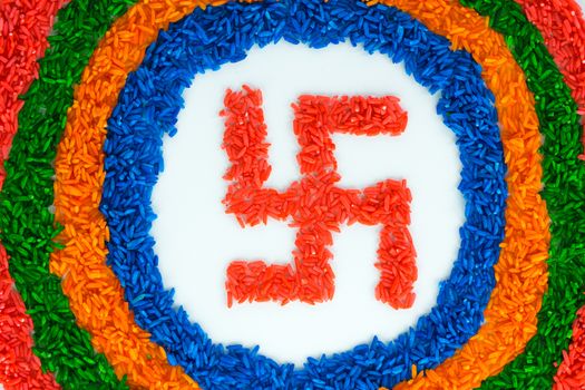 Indian festival Diwali, Diya oil lamps lit on colorful rangoli with Swastika symbol. Hindu traditional. Happy Deepavali.