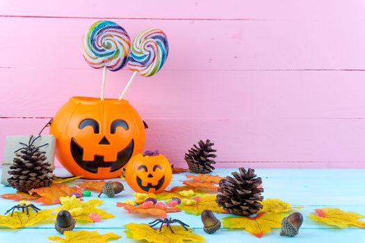 Trick or Treat - Halloween jack o' lantern, candy and rainbow lollipop on pink and blue wooden background with copy space for text. Flat lay, top view
