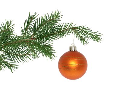 Christmas decoration. Fir twigs as border with Christmas balls on white background