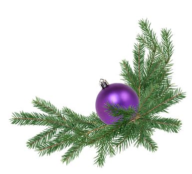 Christmas decoration. Fir twigs as border with Christmas balls on white background