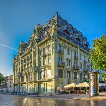 Odessa, Ukraine - 06.16.2019. Hotel Bolshaya Moskovskaya on Deribasovskaya street in Odessa, Ukraine, on a sunny summer morning