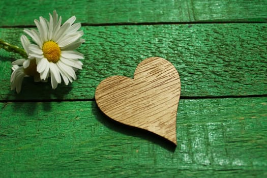 The picture shows a flower and a heart on green boards