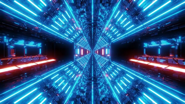 futuristic scifi hangar tunnel corridor with endless glowing lights 3d illustration 3d rendering wallpaper background, endless glowing science-fiction room design