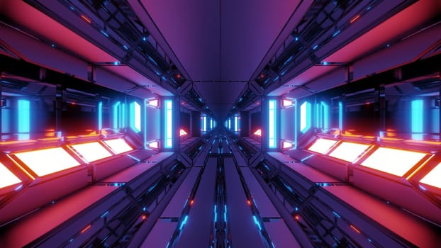 futuristic si-fi space hangar tunnel corridor with hot glowing lights 3d illustration wallpaper background, modern future scifi room 3d rendering