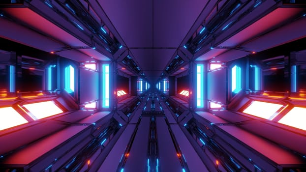 futuristic si-fi space hangar tunnel corridor with hot glowing lights 3d illustration wallpaper background, modern future scifi room 3d rendering