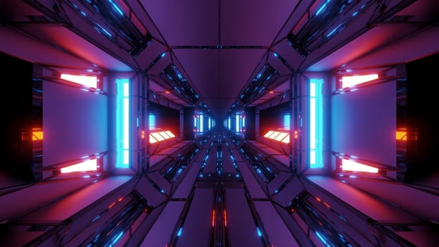 futuristic si-fi space hangar tunnel corridor with hot glowing lights 3d illustration wallpaper background, modern future scifi room 3d rendering