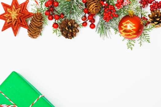 Christmas composition decorations, fir tree branches on white background. Merry Christmas concept. Copy space for text