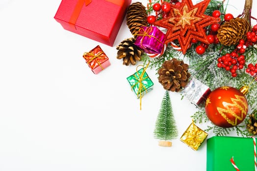 Christmas composition decorations, fir tree branches on white background. Merry Christmas concept. Copy space for text