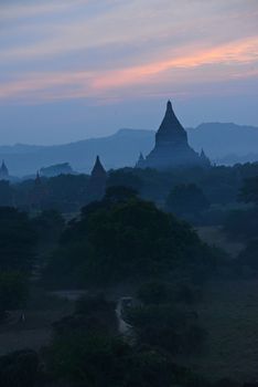 pagodas in bagan at sunset