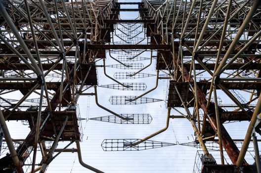old secret army soviet radar on a background of blue sky and clouds in Chernobyl Ukraine