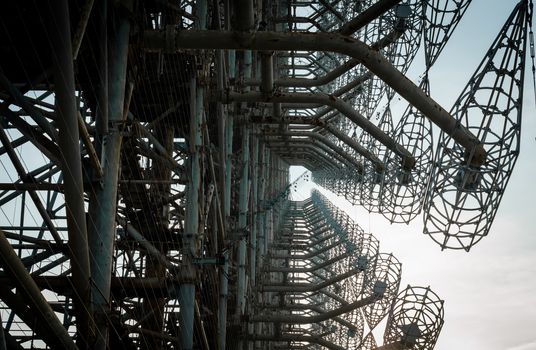 old secret army soviet radar on a background of sky and clouds in Chernobyl Ukraine