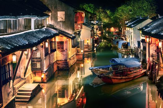 night view of illuminated Zhouzhuang water town, Jiangsu, China