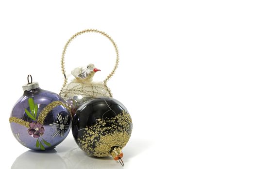 old vintage baubles for the christmas tree with a bird all made from glass