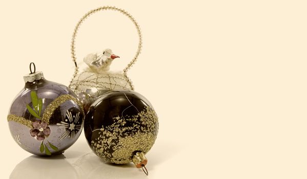 old vintage baubles for the christmas tree with a bird all made from glass