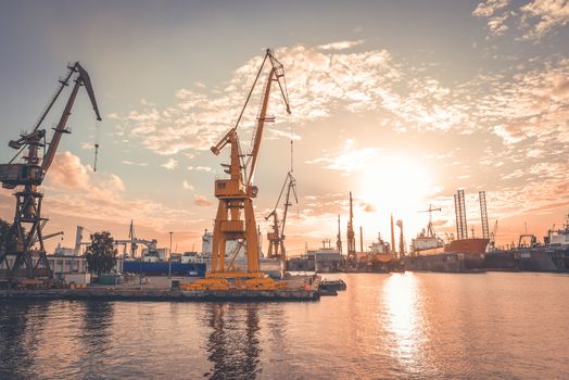 Big container cranes in the port of Gdansk, Poland in different scenery