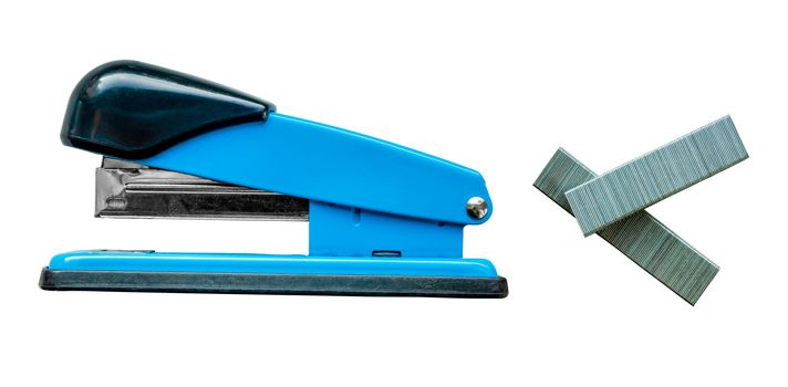 Isolated Blue Stapler And Staples On A White Background