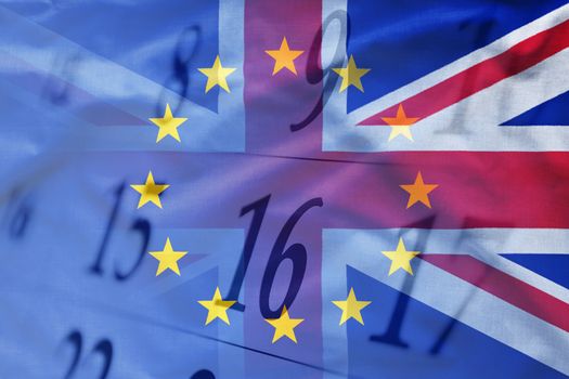 United Kingdom and EU flags combined with calendar background in close-up. Full frame background concept of Brexit upcoming date