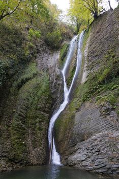 Orekhovsky waterfall is a tourist attraction near the city of Sochi, Russia. Clear day 29 October 2019.