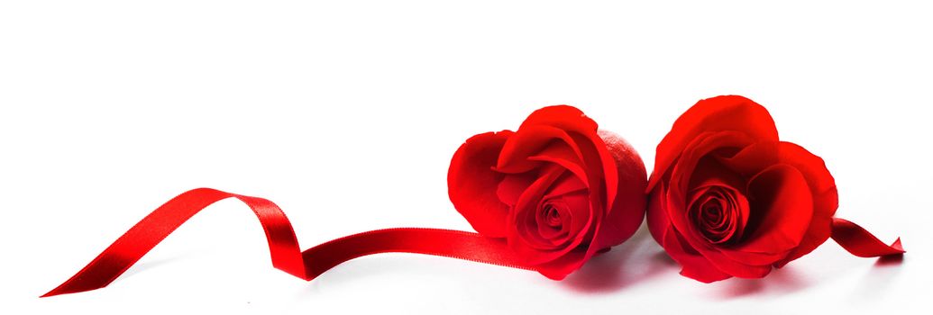 Hearts of red roses and curly ribbons isolated on white background Valentines day design