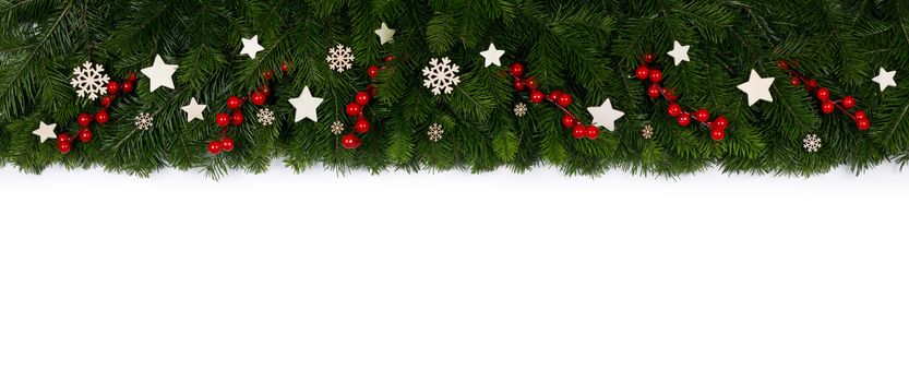 Natural fir Christmas tree border frame with decor isolated on white , copy space for text