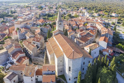 An aerial view of Bale - Valle, Istria, Croatia, church of Visitation Blessed Virgin Mary to St. Elizabeth in the forefront