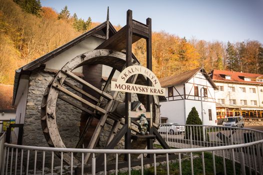 South Moravia Chech Republic october 2019, Moravian Karst cave system, near city Brno and Blansko. Translation of text in picture: Moravsky kras rock mill.