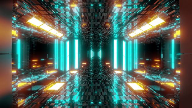 stylish scifi tunnel corridor with reflective bricks texture and glowing lights 3d illustration background wallpaper, futuristic 3d rendering space hangar