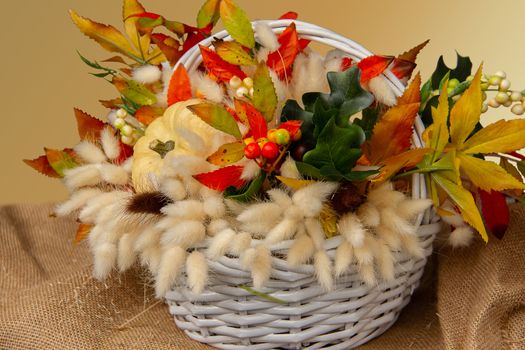 Bouquet of pumpkin and fluffy dried flowers in a basket on a gold background to decorate the table for thanksgiving celebration.