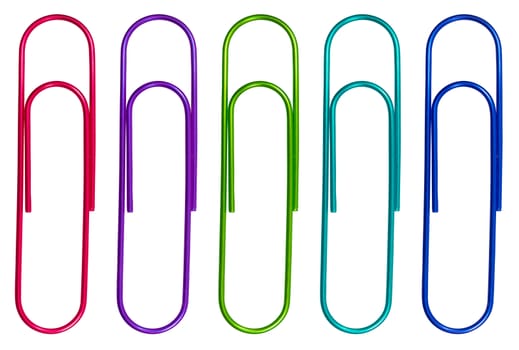 Isolated Multicolored Paperclips In A Row On A White Background