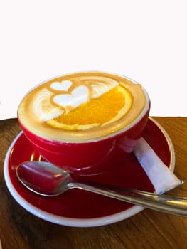 Cup of coffee with Love, capushino, late. white isolate, woof texture table backgroud