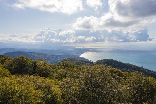 View of the Black sea and the Caucasus mountains from the observation deck from mount Akhun, near the city of Sochi, Russia. 2 November 2019.