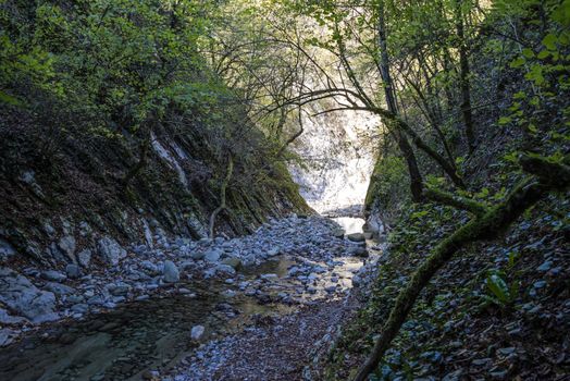 The Kuapse river in the Mamedov gorge is a tourist route. Landmark Lazarevsky district of Sochi, Russia. 4 November 2019.