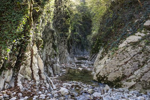 The Kuapse river in the Mamedov gorge is a tourist route. Landmark Lazarevsky district of Sochi, Russia. 4 November 2019.